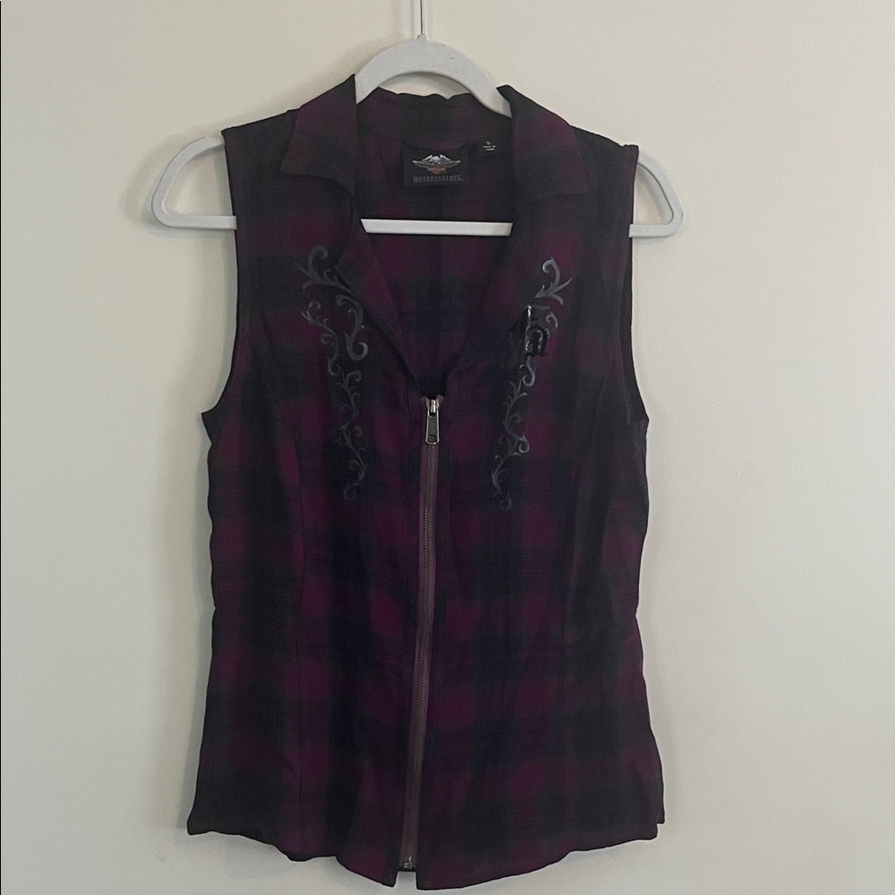 Harley Davidson Plaid Zip Front‎ Top Corset Back Motorcycle Punk Velvet Gothic